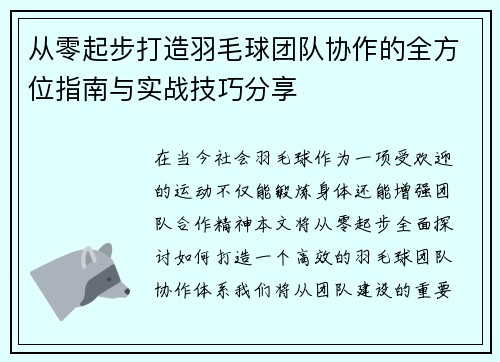 从零起步打造羽毛球团队协作的全方位指南与实战技巧分享